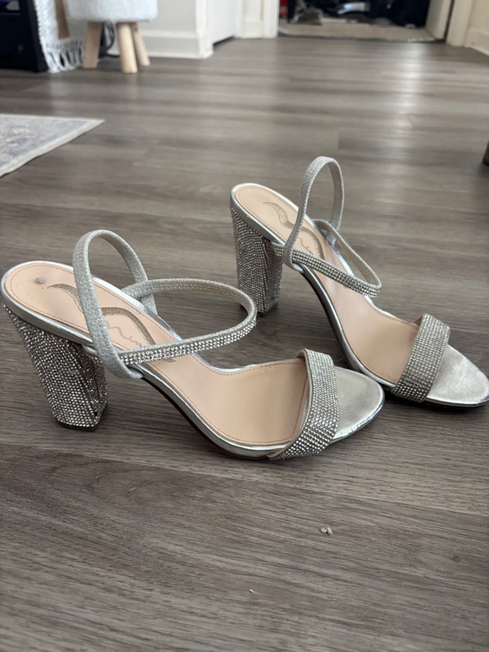 Touch of Nina Silver Rhinestone Block Heel Slingbacks